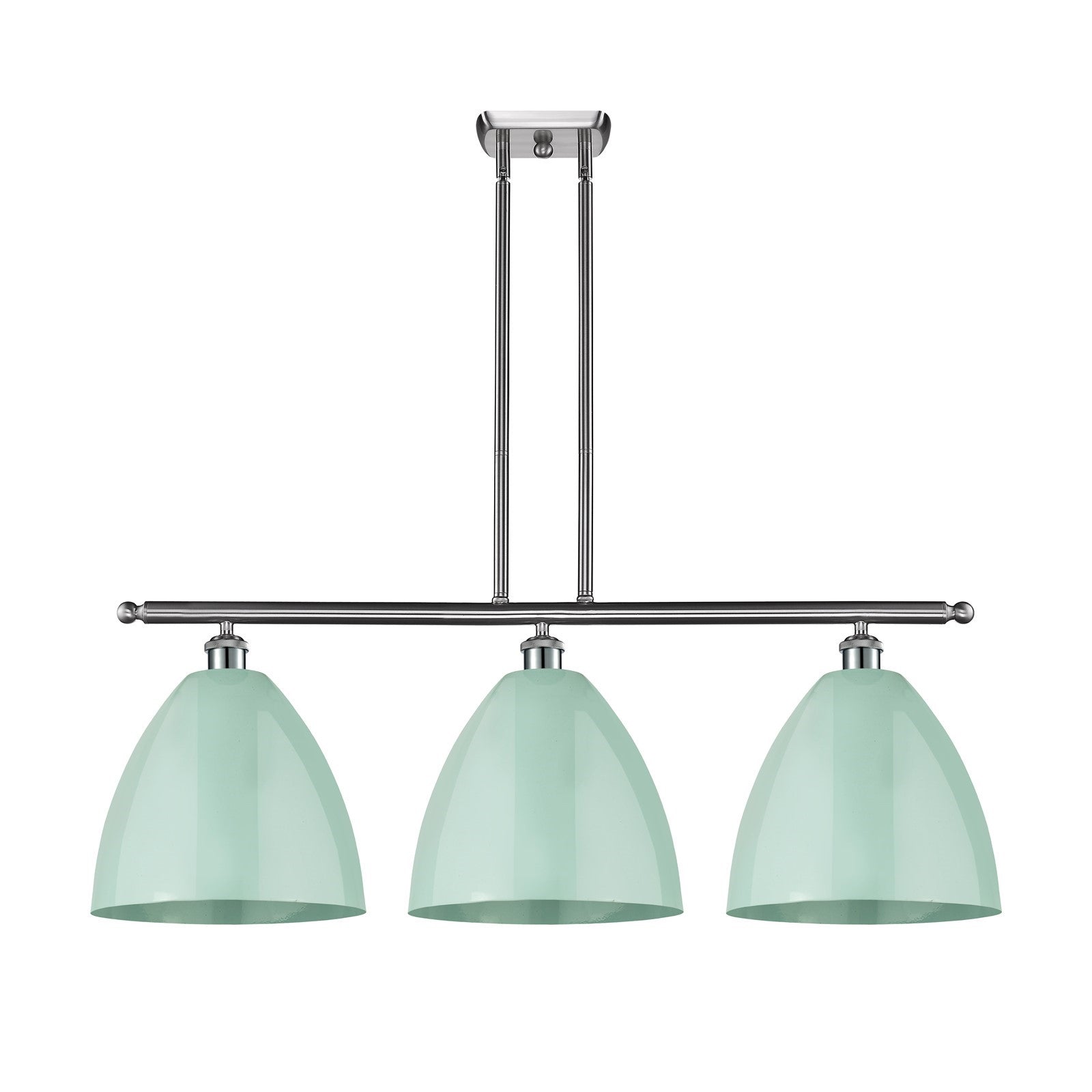 Innovations Plymouth 39in 3-Light Island Light | Industrial Farmhouse Brushed Satin Nickel and Matte Seafoam Metal | Model 516-3I-SN-MBD-12-SF-LED