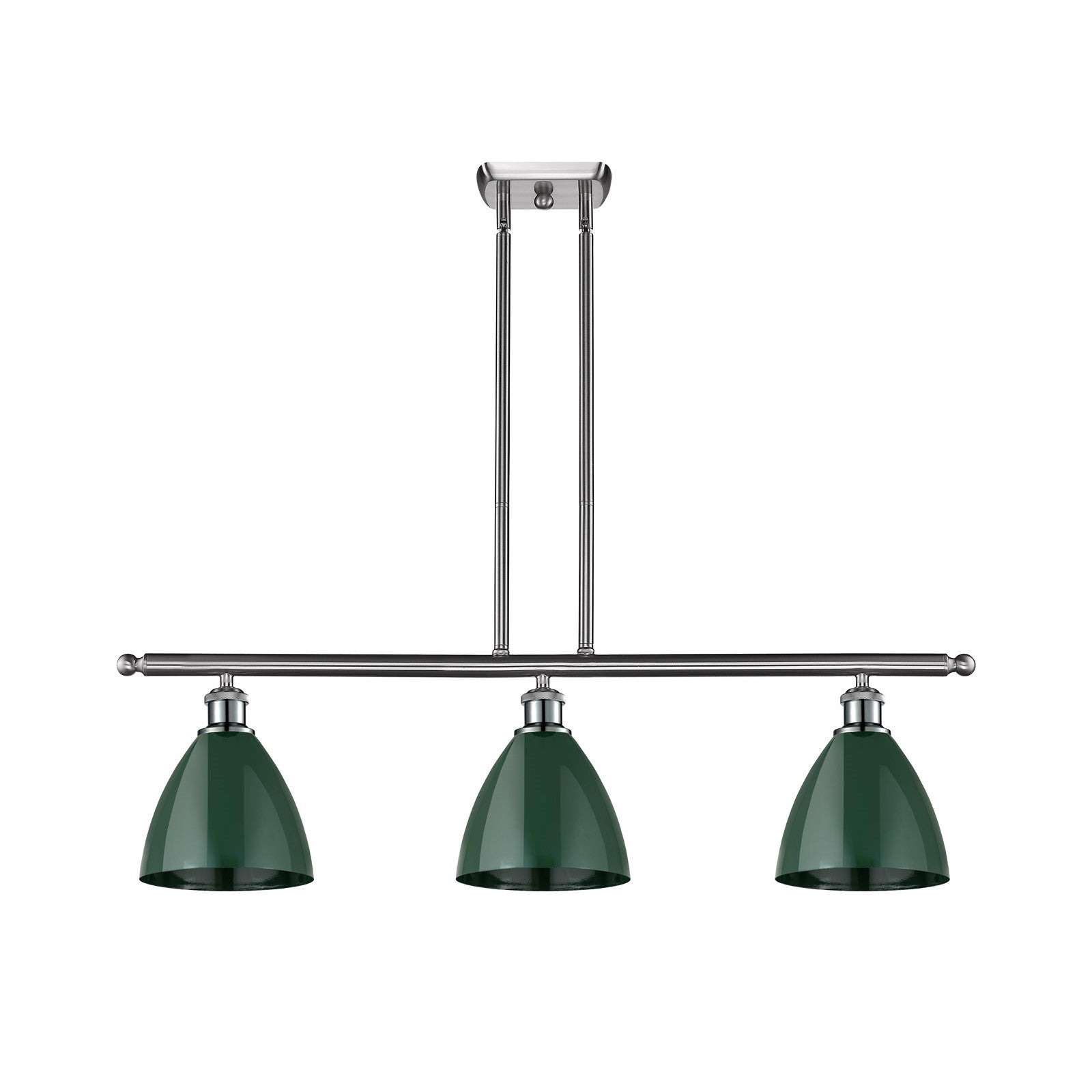 Innovations Plymouth 36in 3-Light Island Light | Industrial Farmhouse Brushed Satin Nickel and Matte Green Metal | Kitchen | Model 516-3I-SN-MBD-75-GR-LED