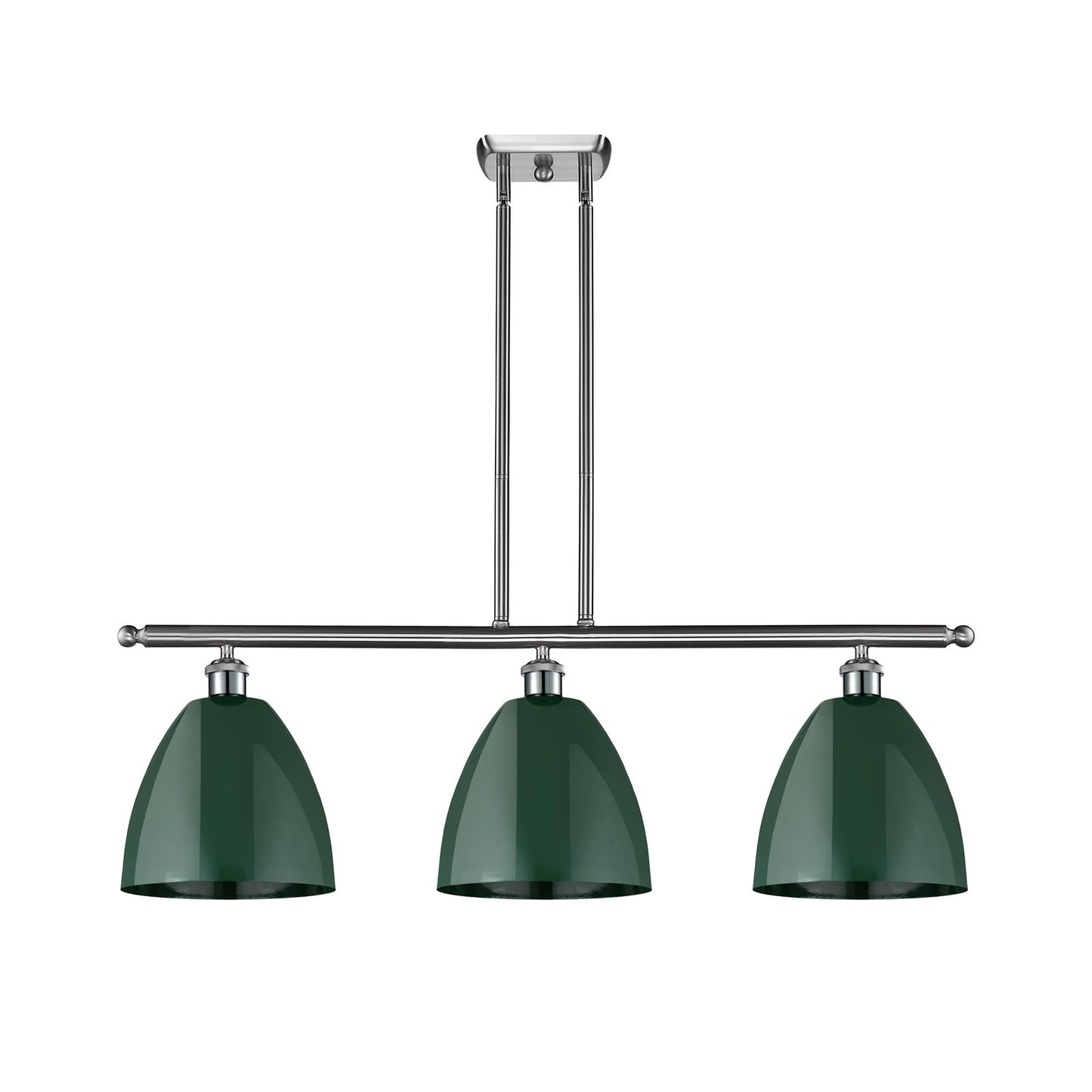 Innovations Plymouth 36in 3-Light Island Light | Industrial Farmhouse Brushed Satin Nickel and Matte Green Metal | Kitchen | Model 516-3I-SN-MBD-9-GR-LED