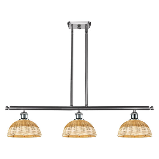 Innovations Bristol Natural II 36in 3-Light Island Light | Industrial Brushed Satin Nickel Steel and Natural Fiber Dome Shade | Model 516-3I-SN-NBD2-9-NAT