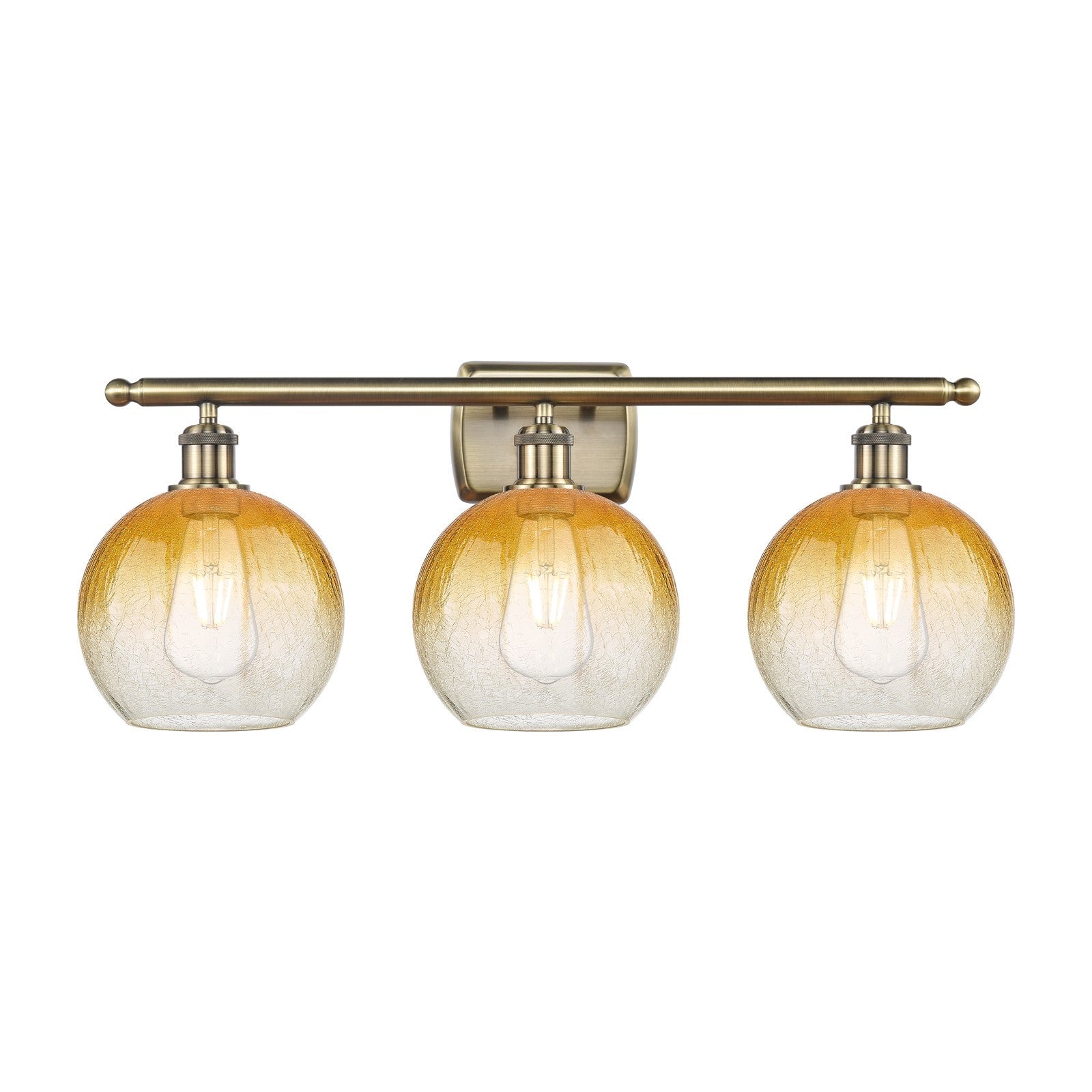 Innovations Brookhaven Globe 28in 3-Light Bath Vanity Light | Industrial Antique Brass and Amber Glass | Bathroom Vanity | Model 516-3W-AB-G483-8AM