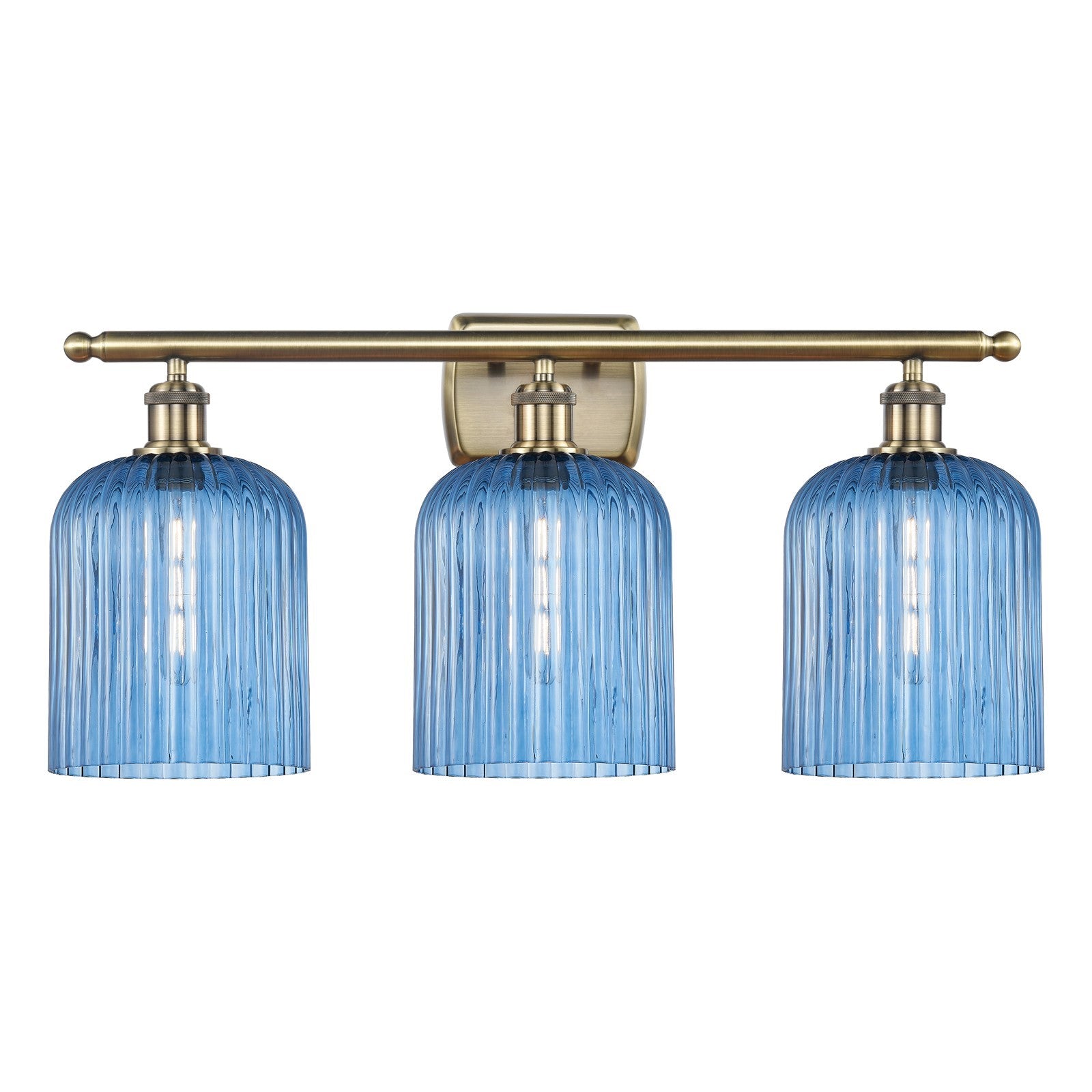 Innovations Bridal Veil 25in 3-Light Bath Vanity | Art Nouveau Antique Brass Steel and Princess Blue Ribbed Glass | Bathroom | Model 516-3W-AB-G559-8BL