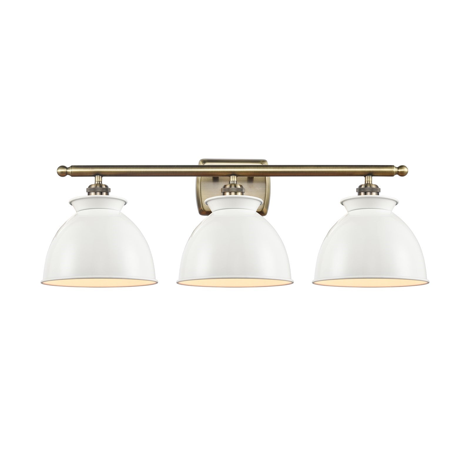 Innovations Adirondack 28in 3-Light Bath Vanity Light | Industrial Antique Brass Steel and Glossy White Metal Shade | Bathroom | Model 516-3W-AB-M14-W-LED