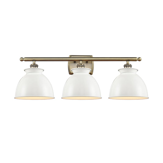 Innovations Adirondack 28in 3-Light Bath Vanity Light | Industrial Antique Brass Steel and Glossy White Metal Shade | Bathroom | Model 516-3W-AB-M14-W-LED