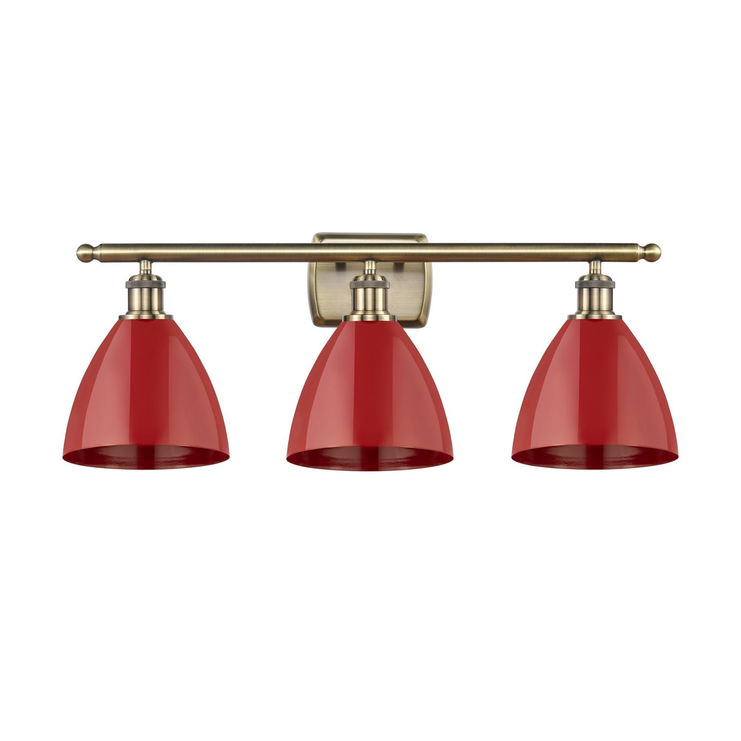 Innovations Plymouth 28in 3-Light Bath Vanity | Industrial Antique Brass Steel and Matte Red Metal Shade | Bathroom Vanity | Model 516-3W-AB-MBD-75-RD