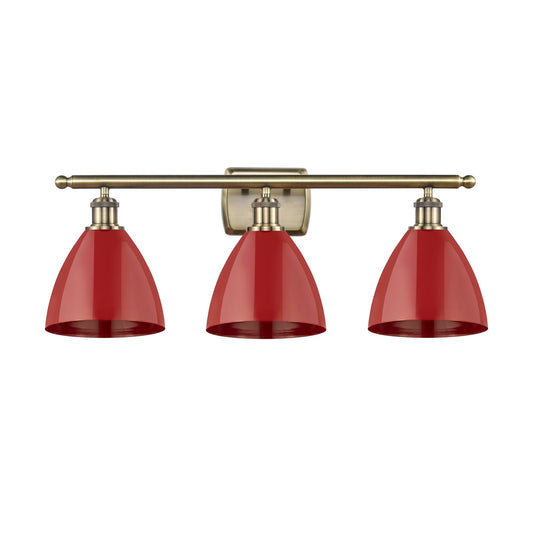 Innovations Plymouth 28in 3-Light Bath Vanity Light | Industrial Antique Brass Steel and Matte Red Metal Shade | Bathroom | Model 516-3W-AB-MBD-75-RD-LED