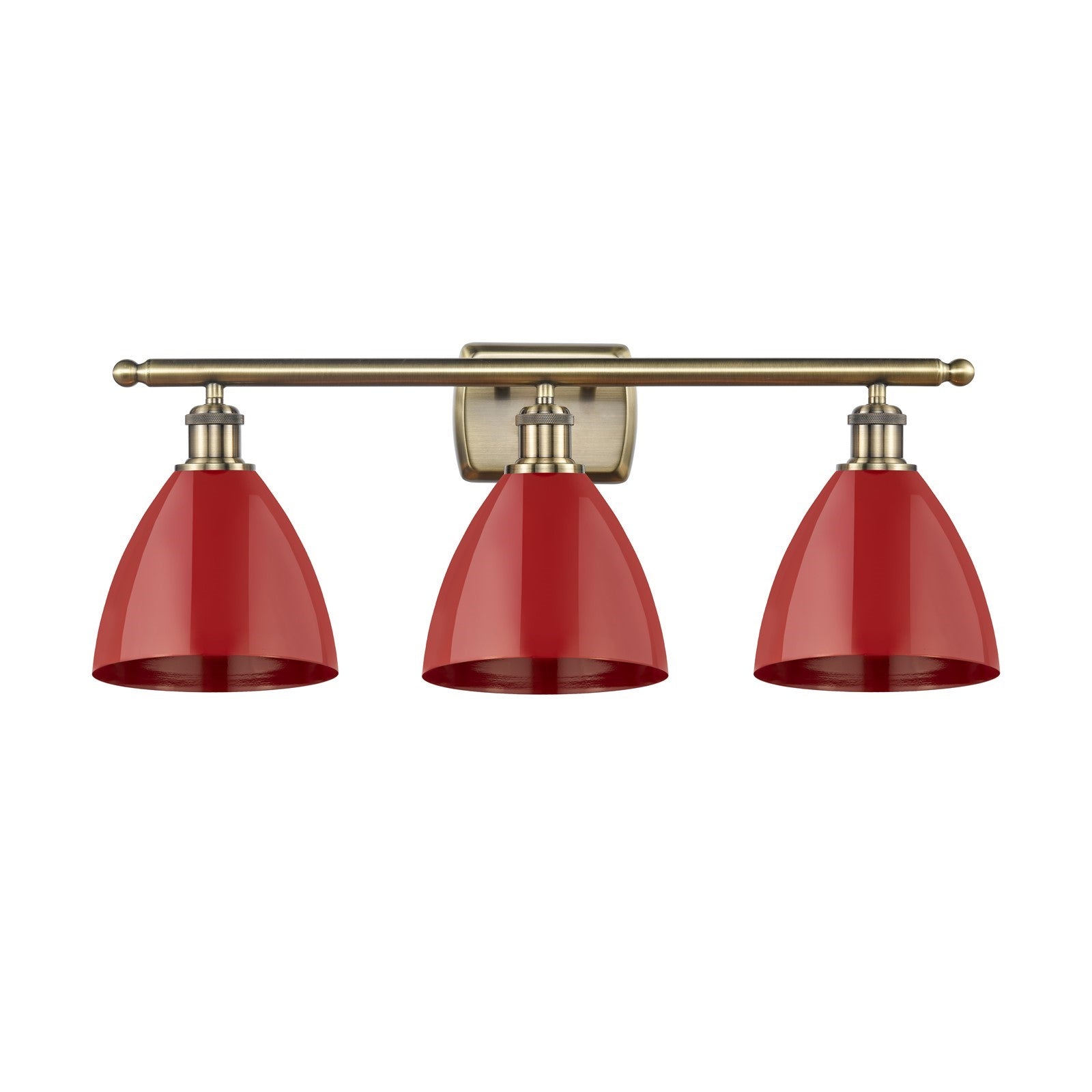 Innovations Plymouth 28in 3-Light Bath Vanity Light | Industrial Antique Brass Steel and Matte Red Metal Shade | Bathroom | Model 516-3W-AB-MBD-75-RD-LED