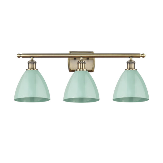 Innovations Plymouth 28in 3-Light Bath Vanity Light | Industrial Antique Brass Steel and Matte Seafoam Metal Shade | Model 516-3W-AB-MBD-75-SF-LED