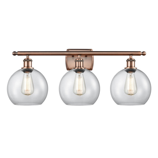 Innovations Athens 28in 3-Light Bath Vanity Light | Industrial Antique Copper Steel and Clear Glass | Bathroom Vanity & Powder | Model 516-3W-AC-G122-8