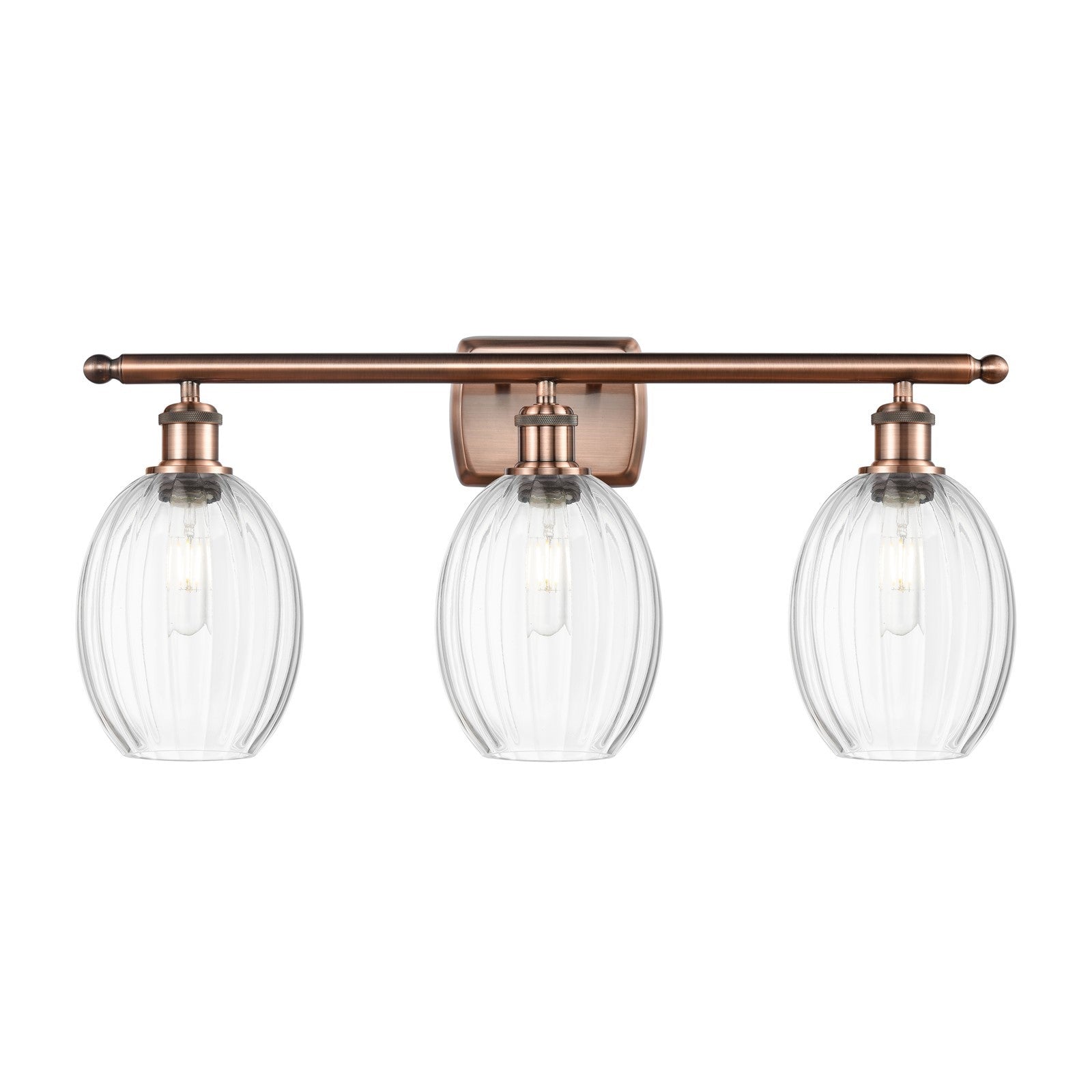 Innovations Preston Bulb 26in 3-Light Bath Vanity Light | Industrial Antique Copper and Clear Glass | Damp Rated Bathroom | Model 516-3W-AC-G459-6CL
