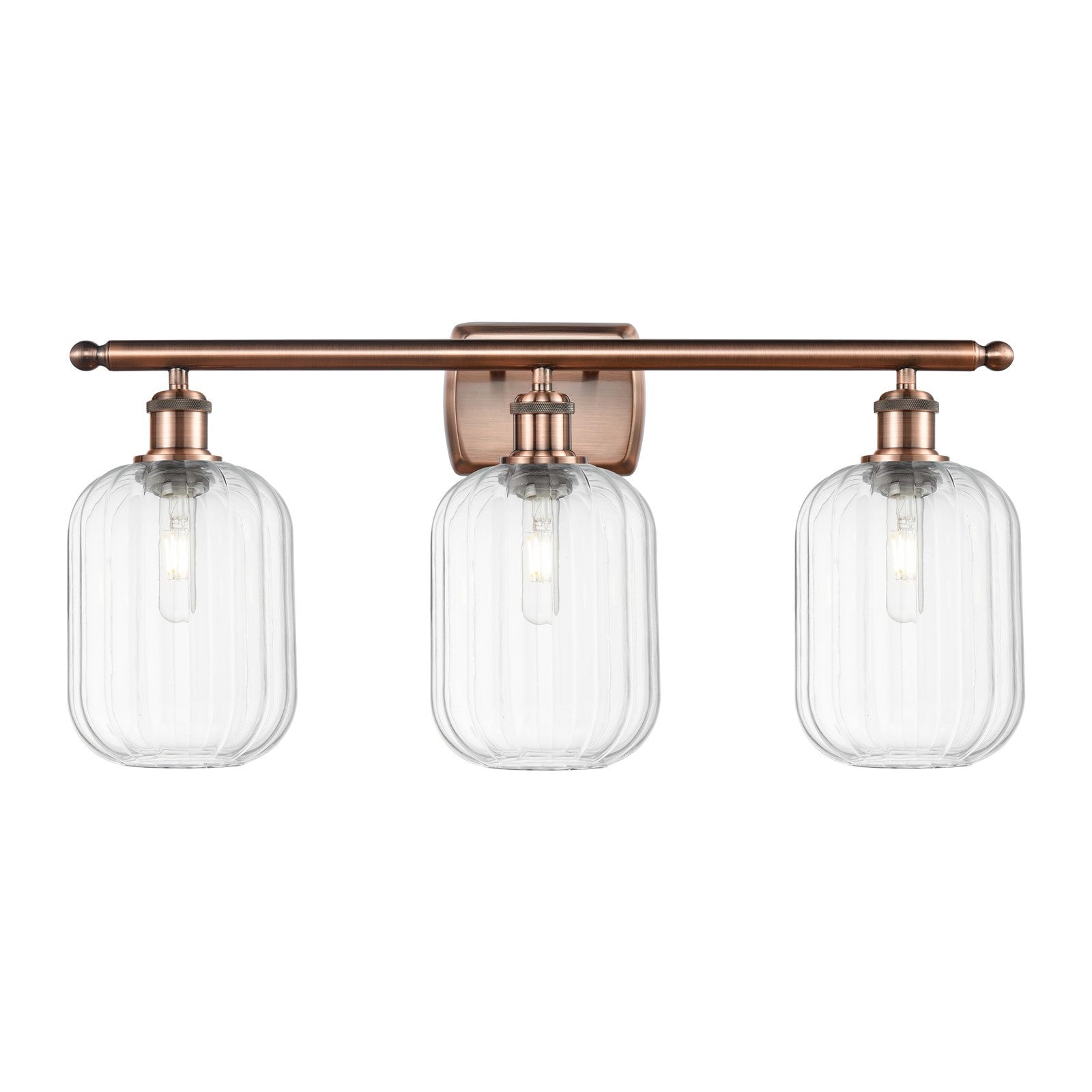 Innovations Preston Cylinder 27in 3-Light Bath Vanity Light | Industrial Antique Copper Steel and Clear Glass | Bathroom Vanity | Model 516-3W-AC-G460-7CL