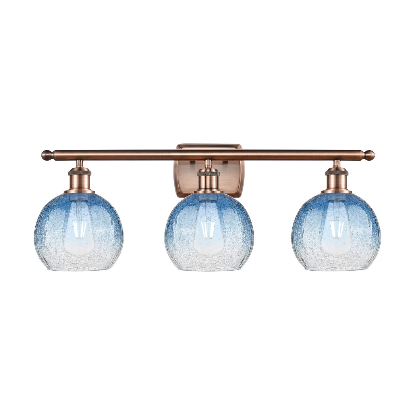 Innovations Brookhaven Globe 28in 3-Light Bath Vanity Light | Industrial Antique Copper Steel and Sapphire Blue Glass | Model 516-3W-AC-G483-8SB