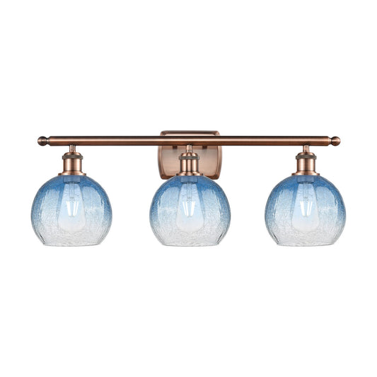 Innovations Brookhaven Globe 28in 3-Light Bath Vanity Light | Industrial Antique Copper Steel and Sapphire Blue Glass | Model 516-3W-AC-G483-8SB