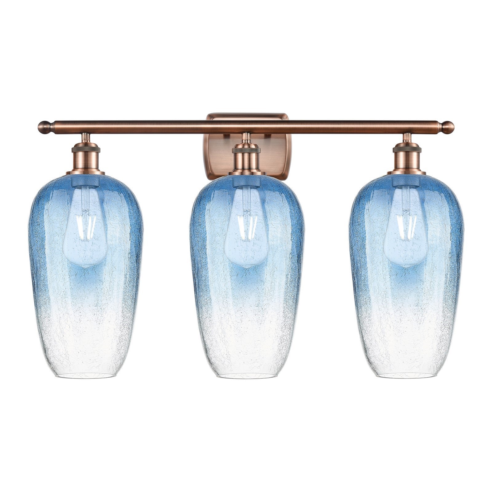 Innovations Brookhaven Flute 27in 3-Light Bath Vanity Light | Industrial Antique Copper Steel and Sapphire Blue Glass | Model 516-3W-AC-G484-7SB