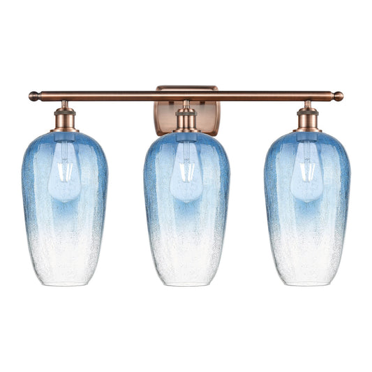 Innovations Brookhaven Flute 27in 3-Light Bath Vanity Light | Industrial Antique Copper Steel and Sapphire Blue Glass | Model 516-3W-AC-G484-7SB