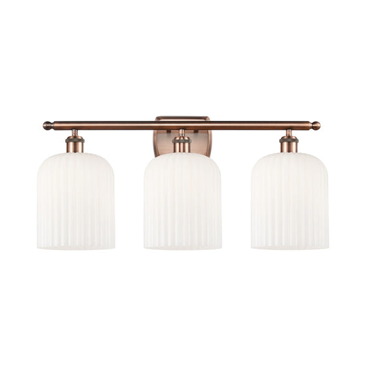 Innovations Bridal Veil 25in 3-Light Bath Vanity Light | Art Nouveau Industrial Antique Copper and Gloss White Ribbed Glass | Model 516-3W-AC-G559-8GWH