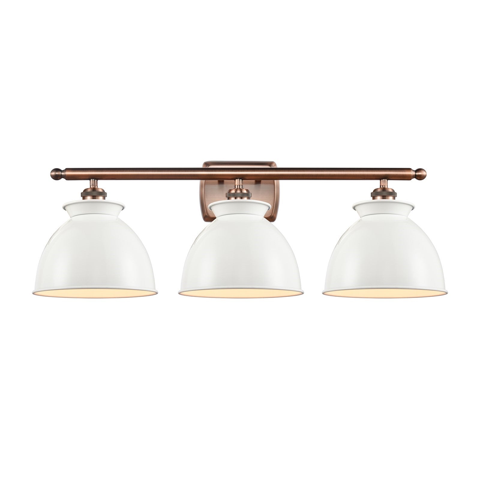 Innovations Adirondack 28in 3-Light Bath Vanity | Industrial Farmhouse Antique Copper and Glossy White Metal Shade | Bathroom | Model 516-3W-AC-M14-W-LED
