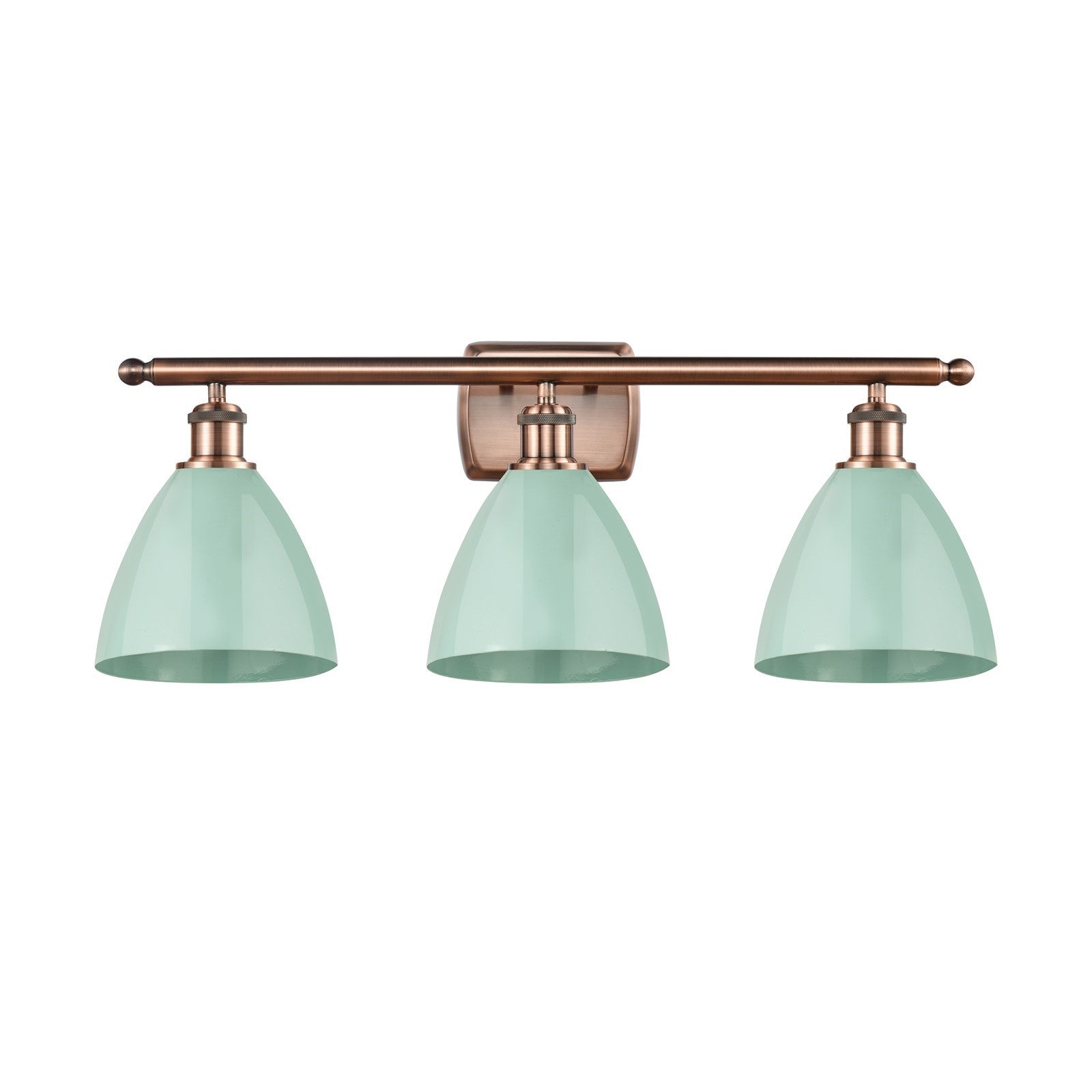 Innovations Plymouth 28in 3-Light Bath Vanity Light | Industrial Antique Copper Steel and Matte Seafoam Metal Shade | Bathroom | Model 516-3W-AC-MBD-75-SF