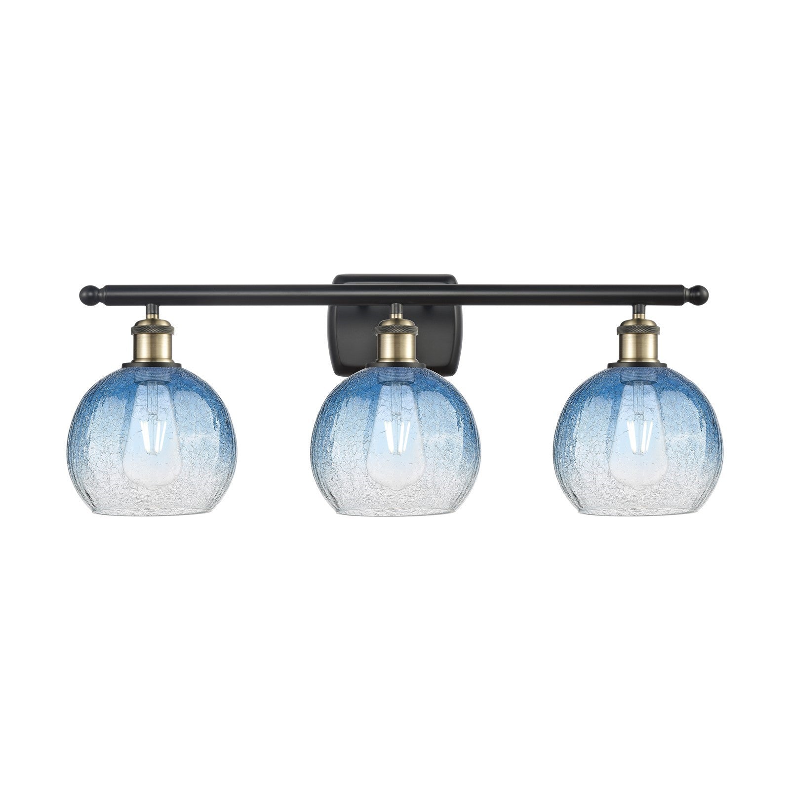 Innovations Brookhaven Globe 28in 3-Light Bath Vanity Light | Industrial Black Antique Brass and Sapphire Blue Glass | Model 516-3W-BAB-G483-8SB