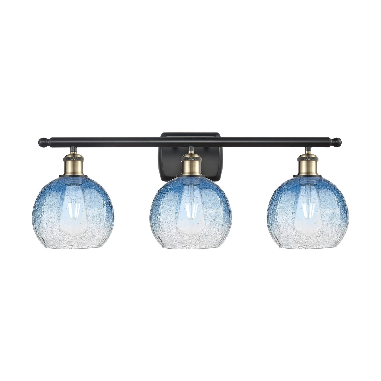 Innovations Brookhaven Globe 28in 3-Light Bath Vanity Light | Industrial Black Antique Brass and Sapphire Blue Glass | Model 516-3W-BAB-G483-8SB