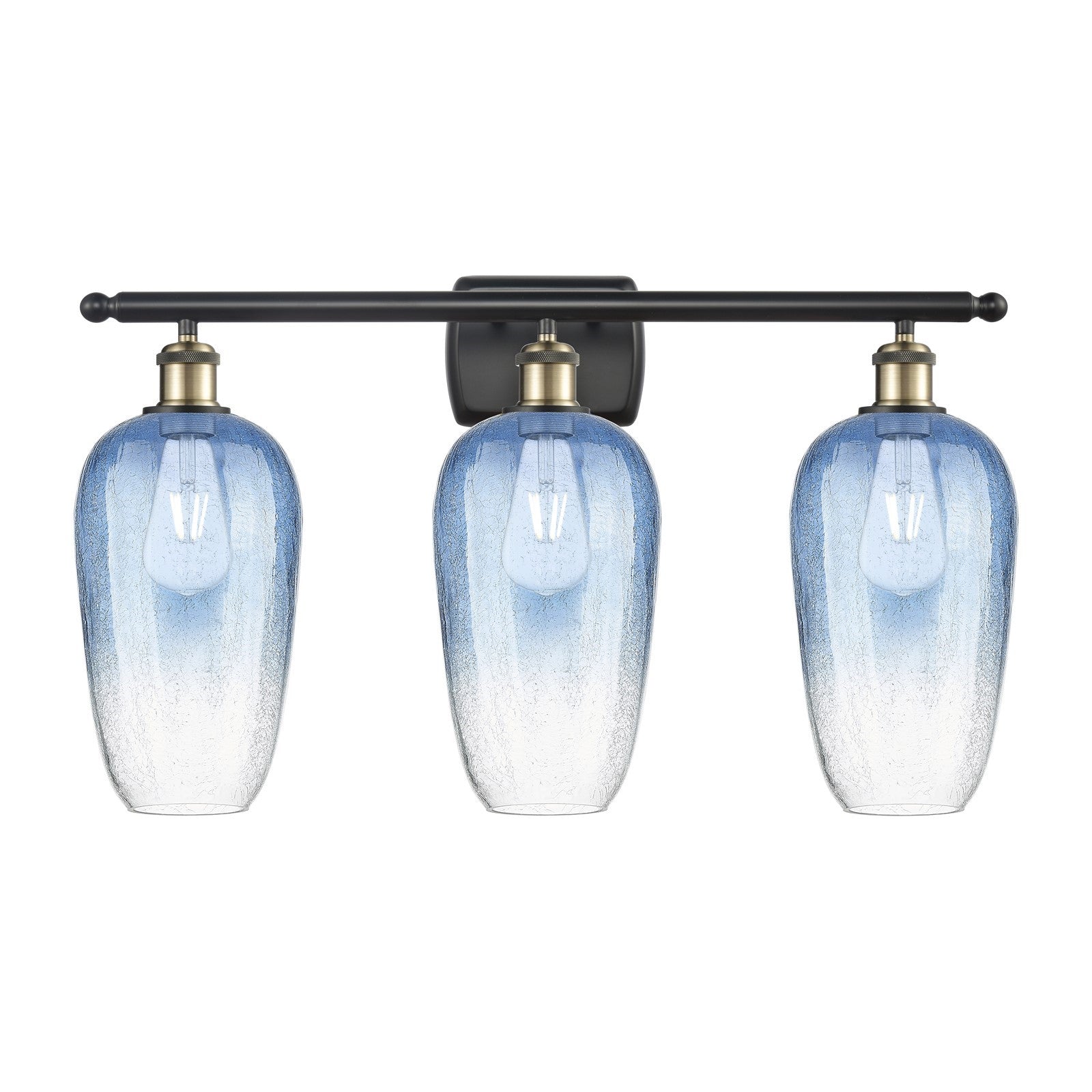 Innovations Brookhaven Flute 27in 3-Light Bath Vanity Light | Industrial Black Antique Brass and Sapphire Blue Glass | Model 516-3W-BAB-G484-7SB