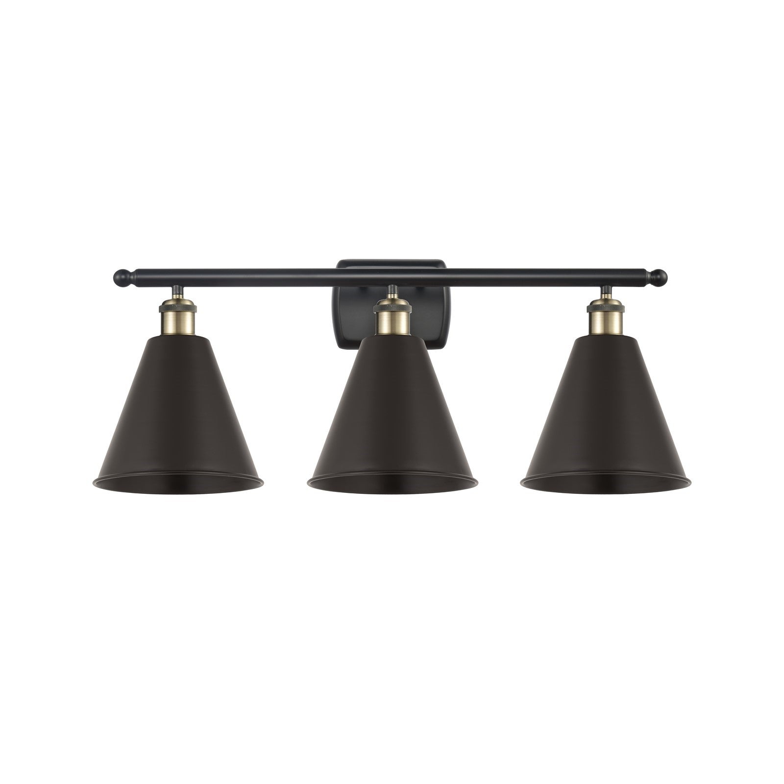 Innovations Berkshire 28in 3-Light Bath Vanity Light | Industrial Black Antique Brass and Matte Black Metal Shade | Bathroom | Model 516-3W-BAB-MBC-8-BK
