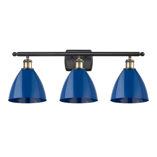 Innovations Plymouth 28in 3-Light Bath Vanity Light | Industrial Black Antique Brass and Matte Blue Metal Shade | Model 516-3W-BAB-MBD-75-BL-LED