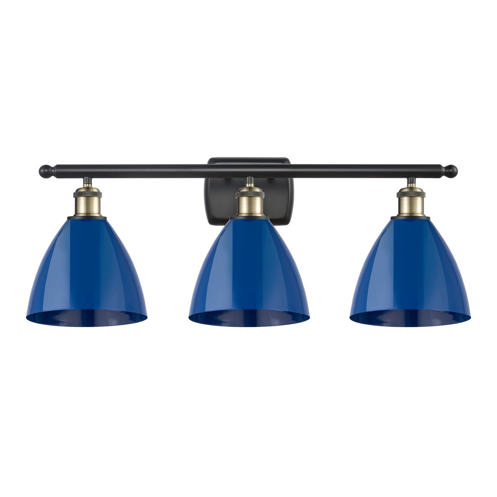 Innovations Plymouth 28in 3-Light Bath Vanity Light | Industrial Black Antique Brass and Matte Blue Metal Shade | Model 516-3W-BAB-MBD-75-BL-LED