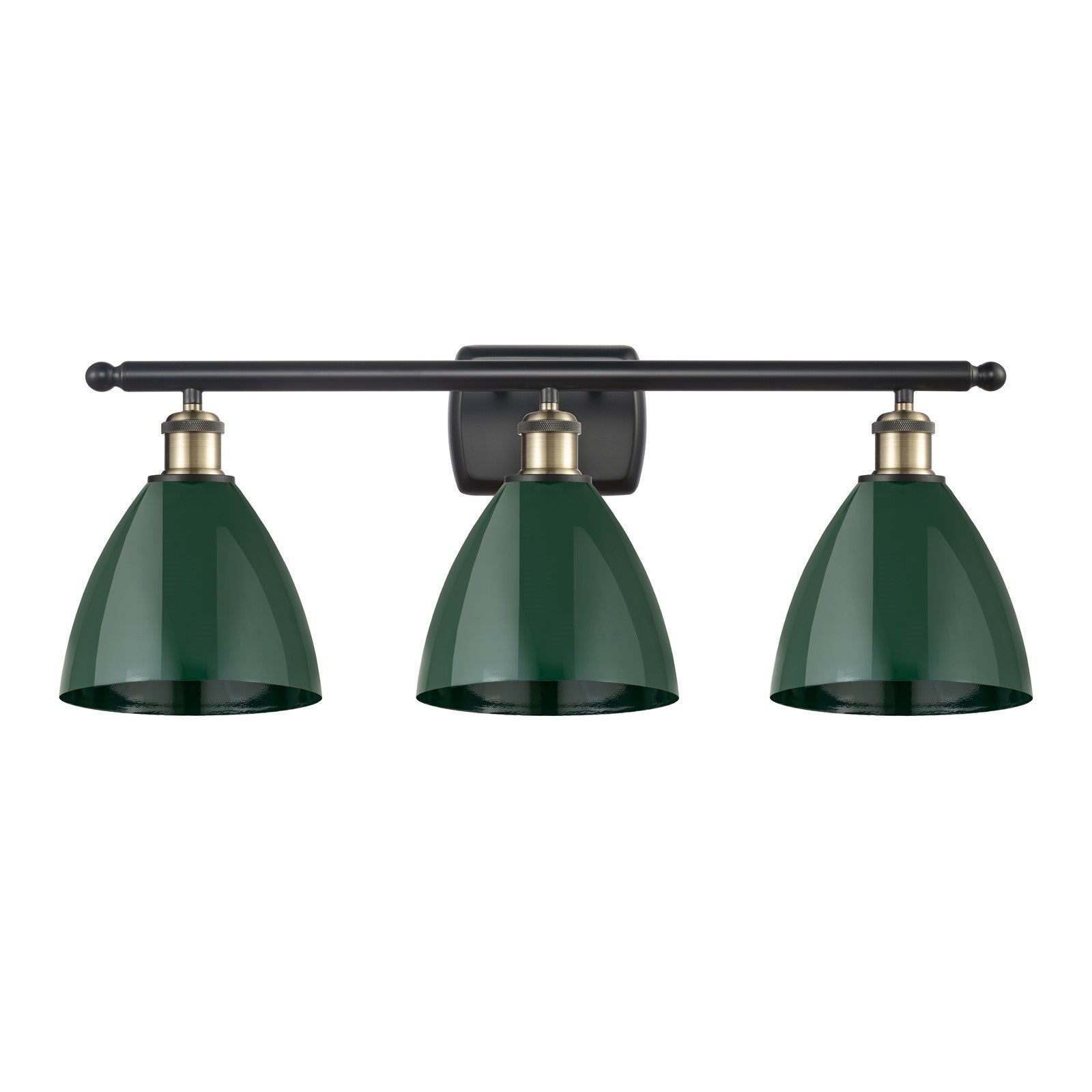Innovations Plymouth 28in 3-Light Bath Vanity Light | Industrial Black Antique Brass and Matte Green Metal Shade | Bathroom | Model 516-3W-BAB-MBD-75-GR
