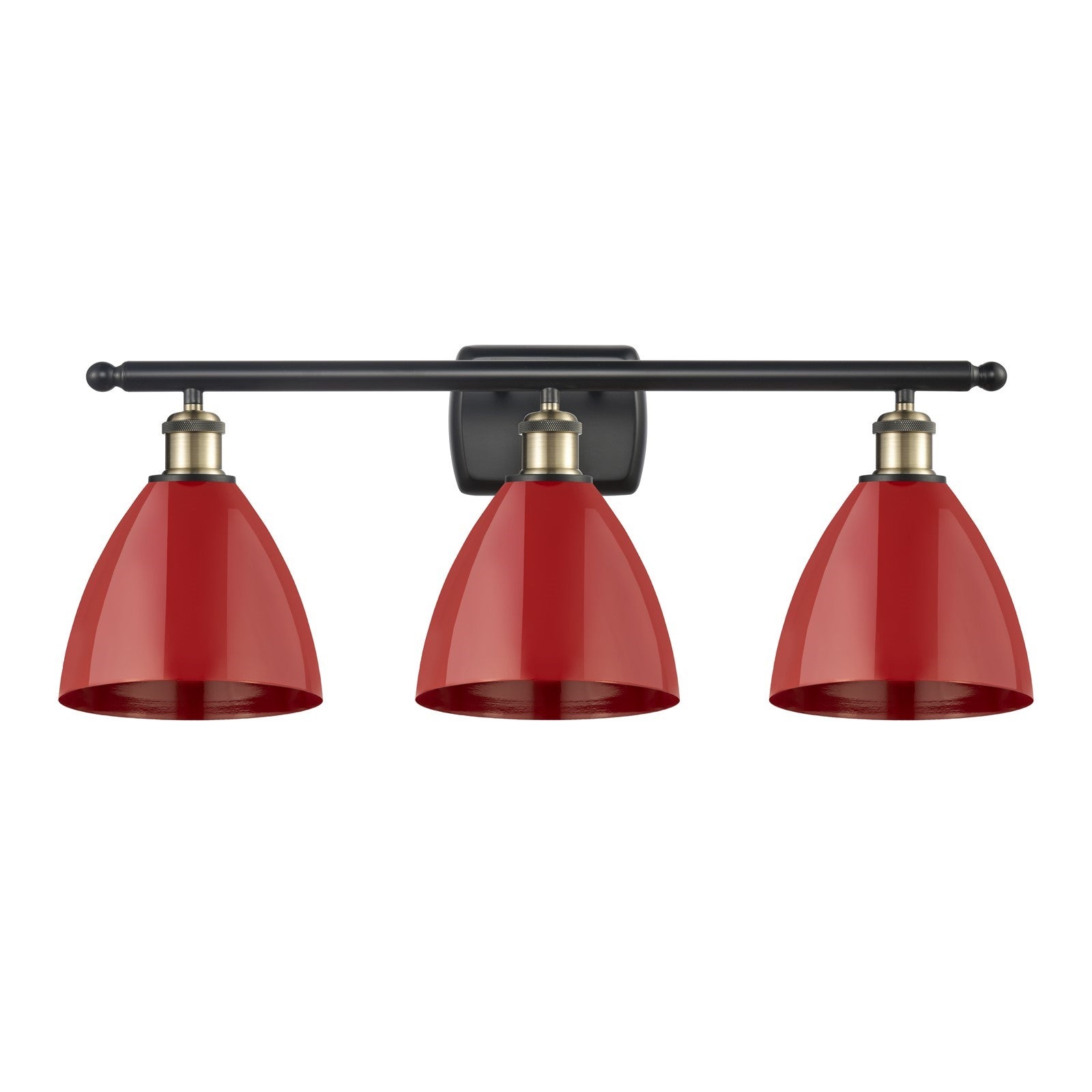 Innovations Plymouth 28in 3-Light Bath Vanity Light | Industrial Black Antique Brass and Matte Red Metal Shade | Bathroom | Model 516-3W-BAB-MBD-75-RD