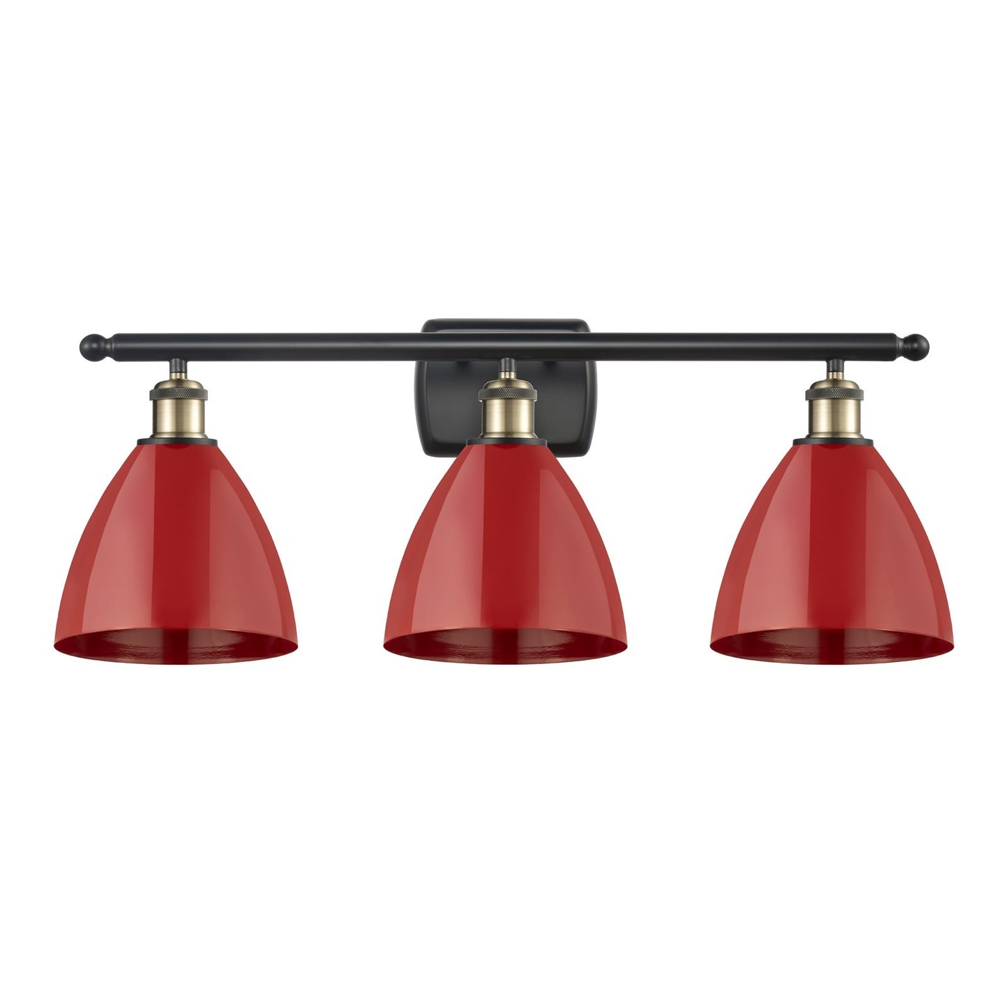 Innovations Plymouth 28in 3-Light Bath Vanity Light | Industrial Black Antique Brass and Matte Red Metal Shade | Bathroom | Model 516-3W-BAB-MBD-75-RD
