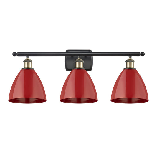 Innovations Plymouth 28in 3-Light Bath Vanity Light | Industrial Black Antique Brass and Matte Red Metal Shade | Bathroom | Model 516-3W-BAB-MBD-75-RD-LED