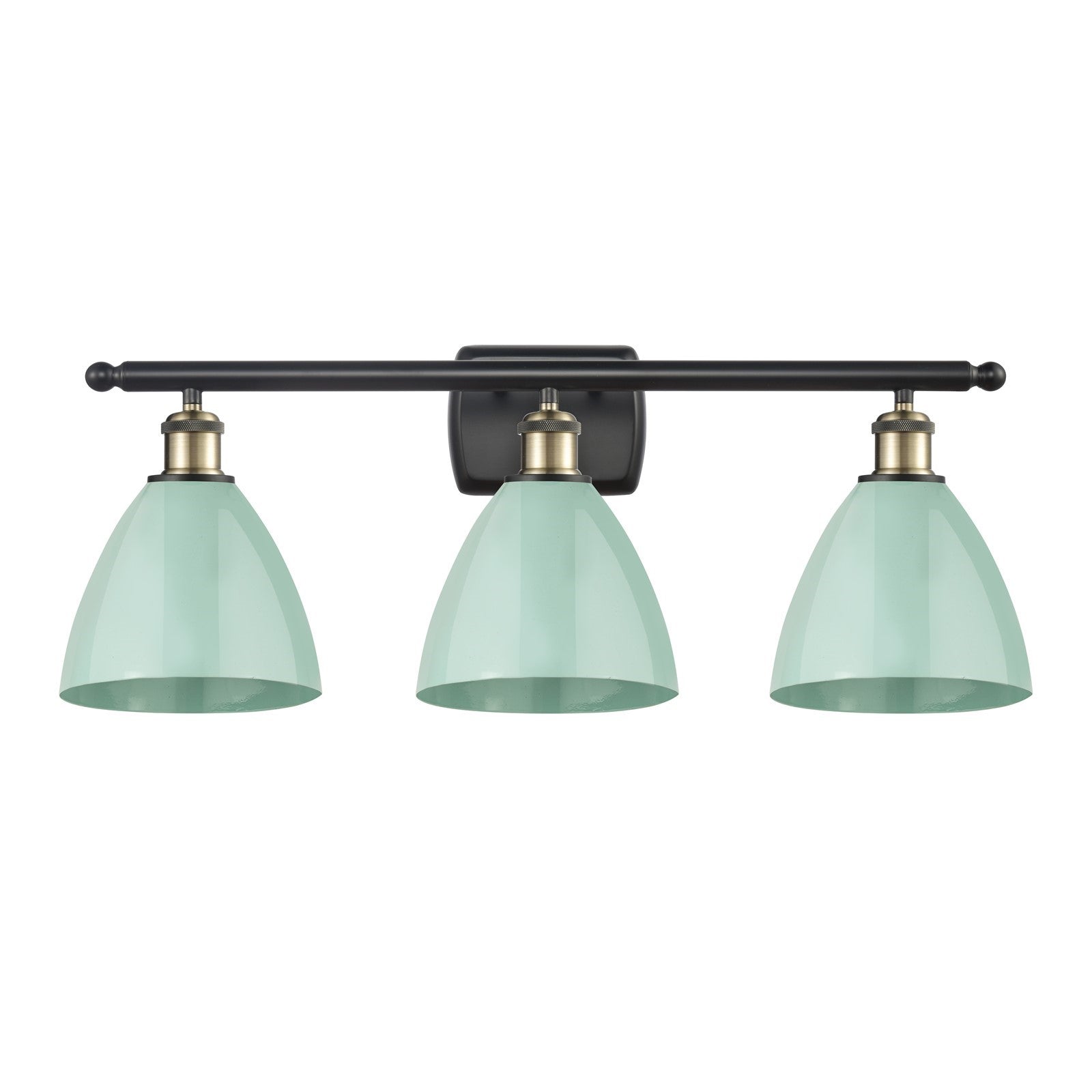 Innovations Plymouth 28in 3-Light Bath Vanity Light | Industrial Black Antique Brass and Matte Seafoam Metal Shade | Bathroom | Model 516-3W-BAB-MBD-75-SF