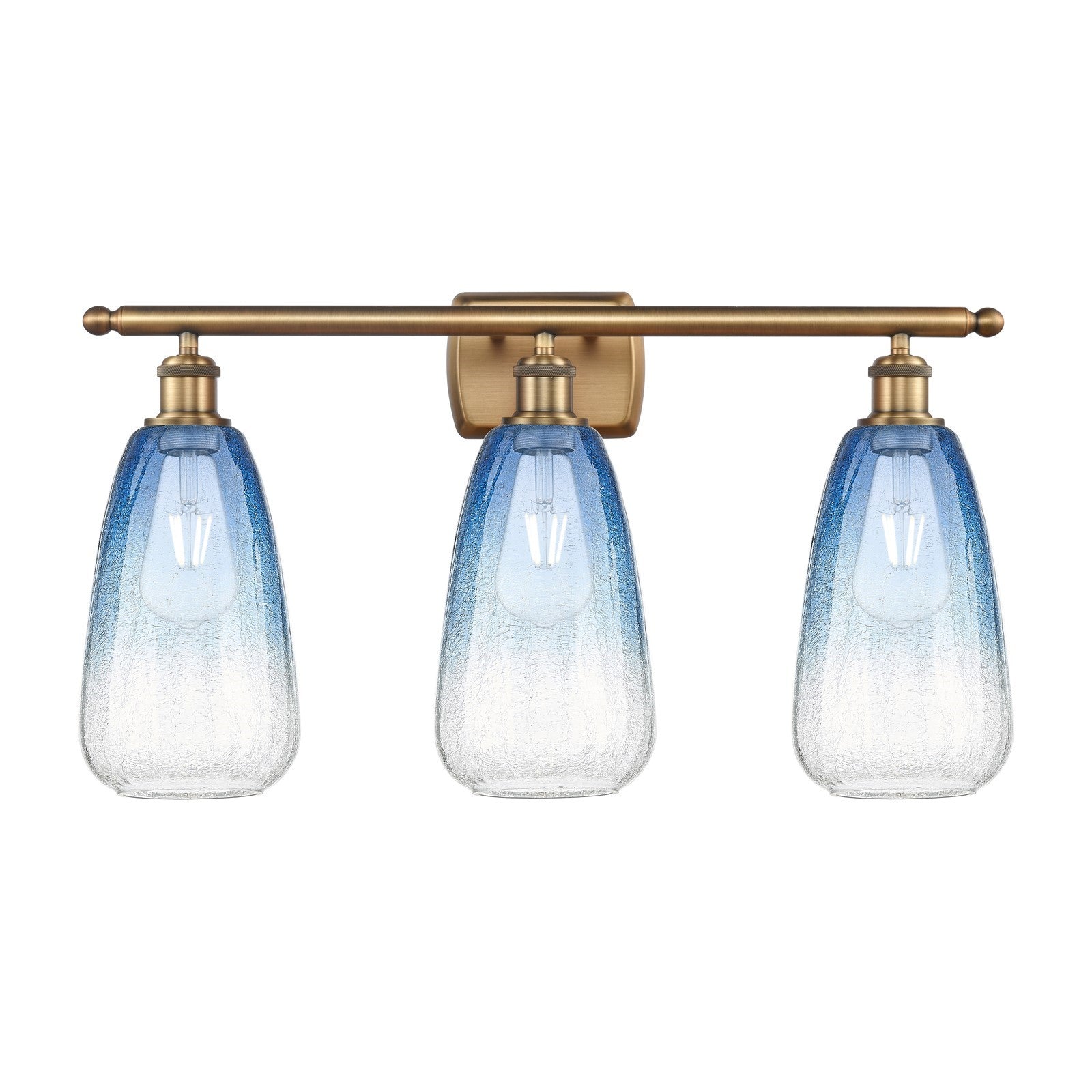 Innovations Brookhaven Almond 26in 3-Light Bath Vanity Light | Industrial Brushed Brass and Sapphire Blue Glass | Bathroom | Model 516-3W-BB-G480-6SB