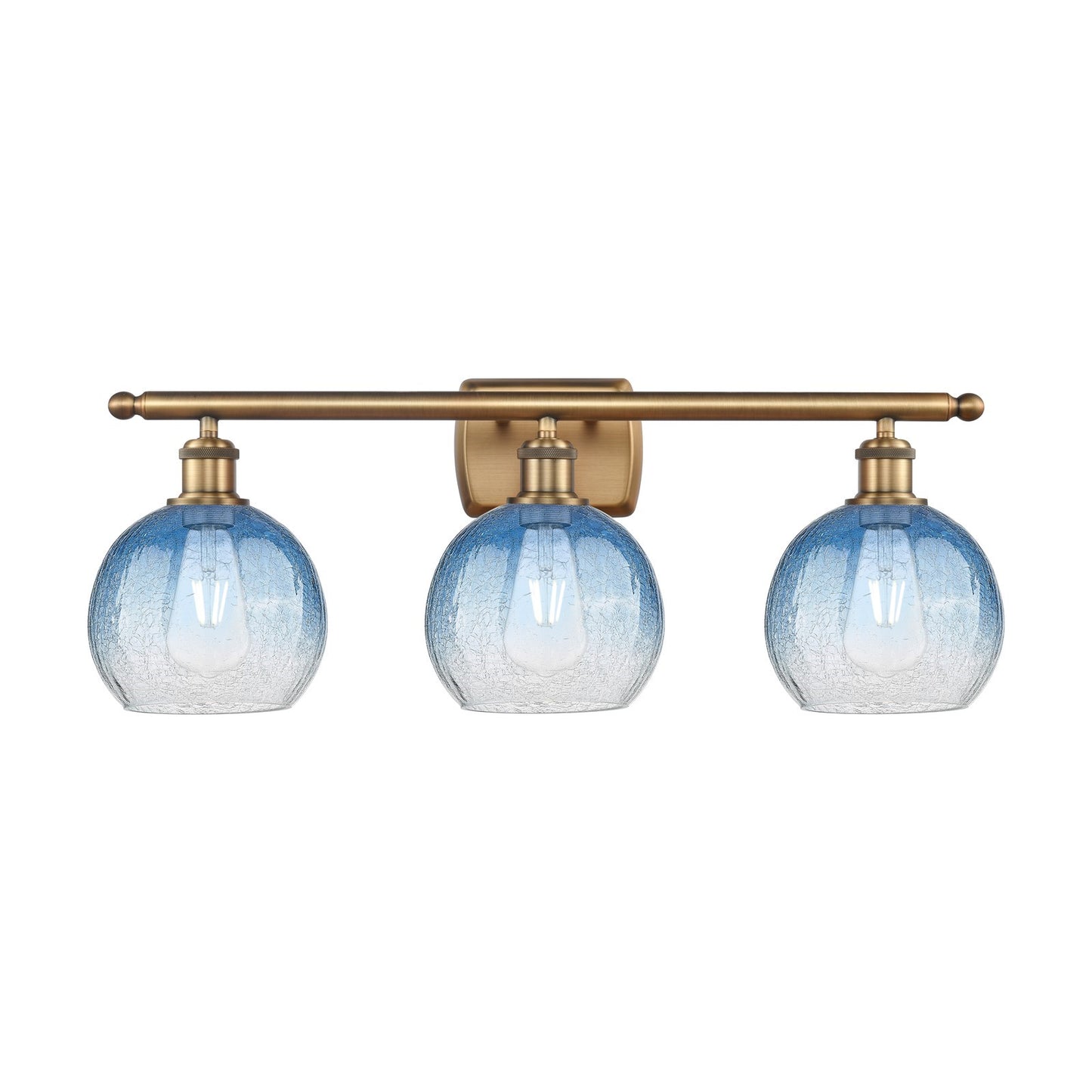 Innovations Brookhaven Globe 28in 3-Light Bath Vanity Light | Industrial Brushed Brass and Sapphire Blue Glass | Bathroom | Model 516-3W-BB-G483-8SB