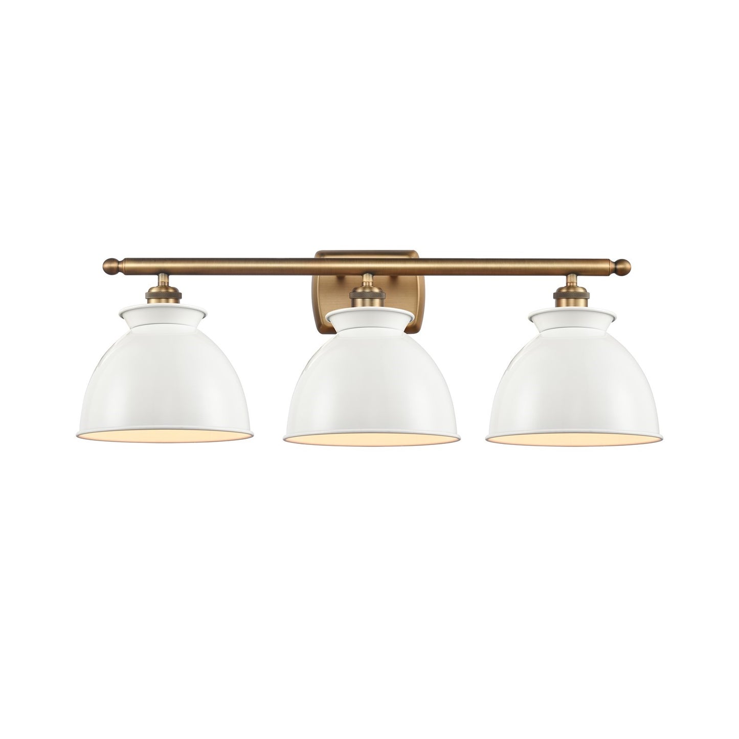 Innovations Adirondack 28in 3-Light Bath Vanity Light | Industrial Farmhouse Brushed Brass and Glossy White Metal Shade | Model 516-3W-BB-M14-W-LED