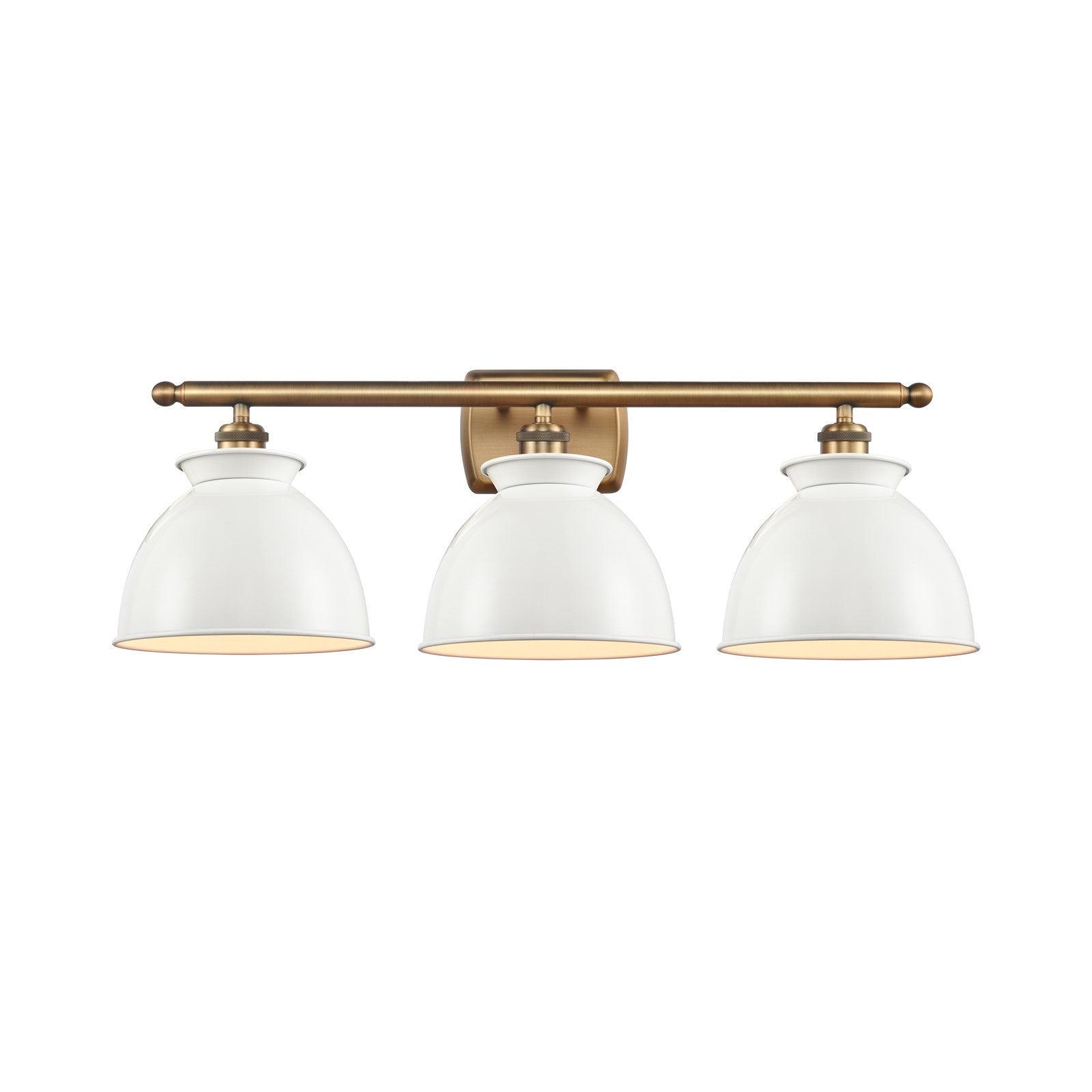Innovations Adirondack 28in 3-Light Bath Vanity Light | Industrial Farmhouse Brushed Brass and Glossy White Metal Shade | Model 516-3W-BB-M14-W-LED