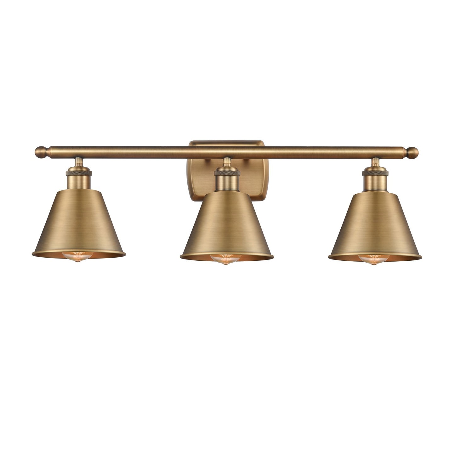 Innovations Smithfield 27in 3-Light Bath Vanity | Industrial Farmhouse Brushed Brass Steel and Cast Brass Metal Shade | Bathroom | Model 516-3W-BB-M8-LED