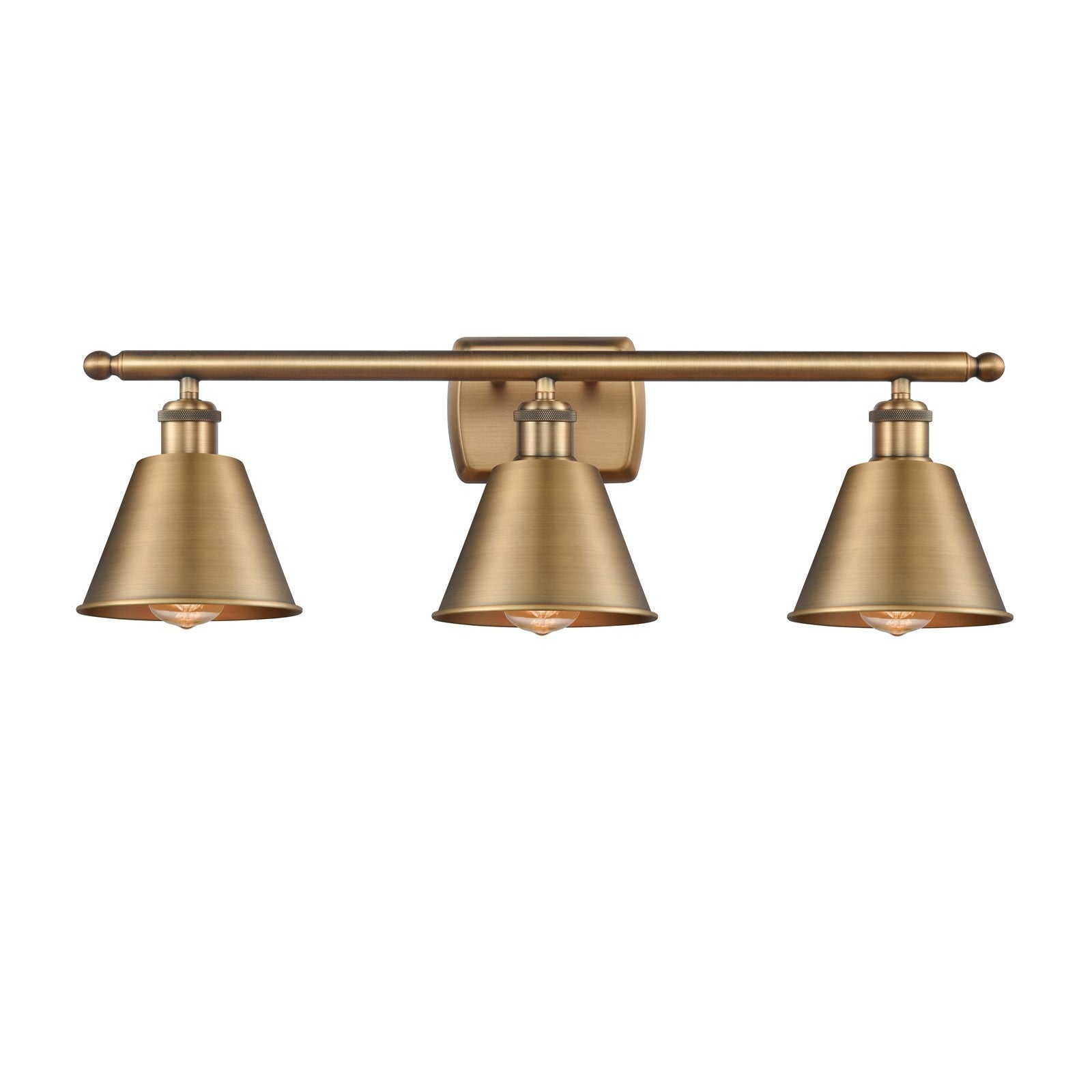 Innovations Smithfield 27in 3-Light Bath Vanity | Industrial Farmhouse Brushed Brass Steel and Cast Brass Metal Shade | Bathroom | Model 516-3W-BB-M8-LED