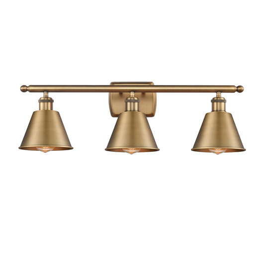 Innovations Smithfield 27in 3-Light Bath Vanity | Industrial Farmhouse Brushed Brass Steel and Cast Brass Metal Shade | Bathroom | Model 516-3W-BB-M8-LED