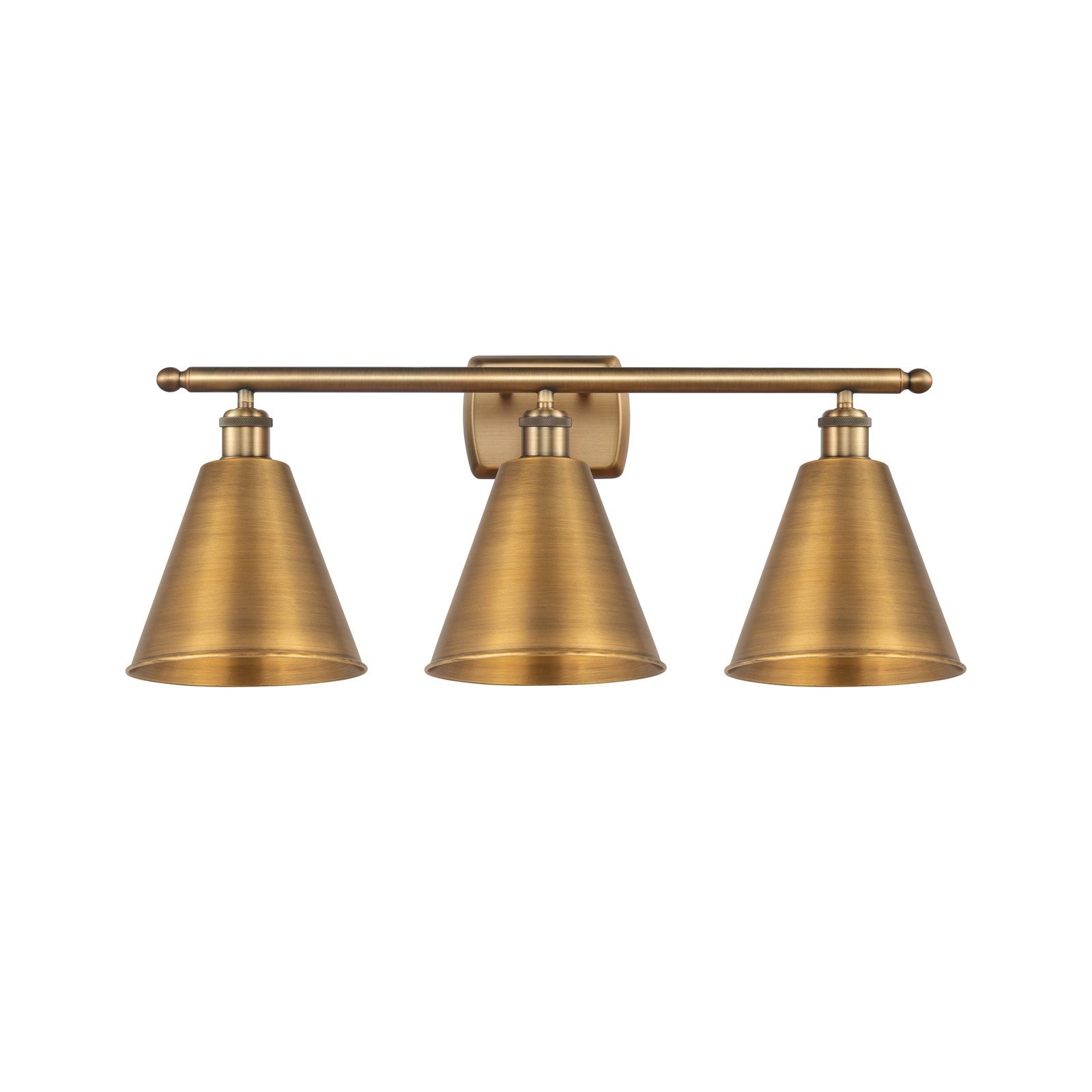 Innovations Berkshire 28in 3-Light Bath Vanity Light | Industrial Farmhouse Brushed Brass Steel and Cast Brass Metal Cone | Model 516-3W-BB-MBC-8-BB-LED