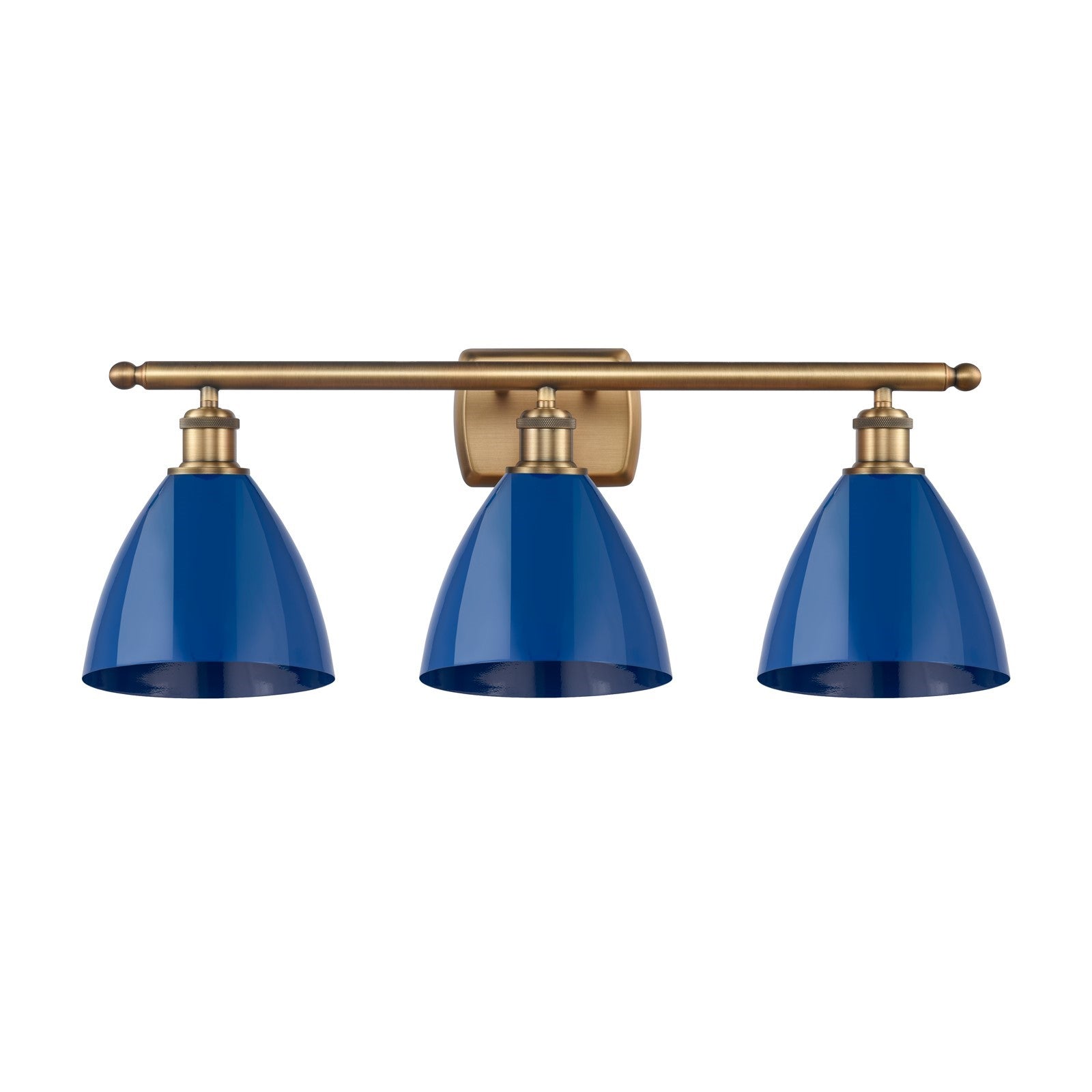 Innovations Plymouth 28in 3-Light Bath Vanity | Brushed Brass Steel and Cast Brass with Matte Blue Metal Shades | Bathroom | Model 516-3W-BB-MBD-75-BL