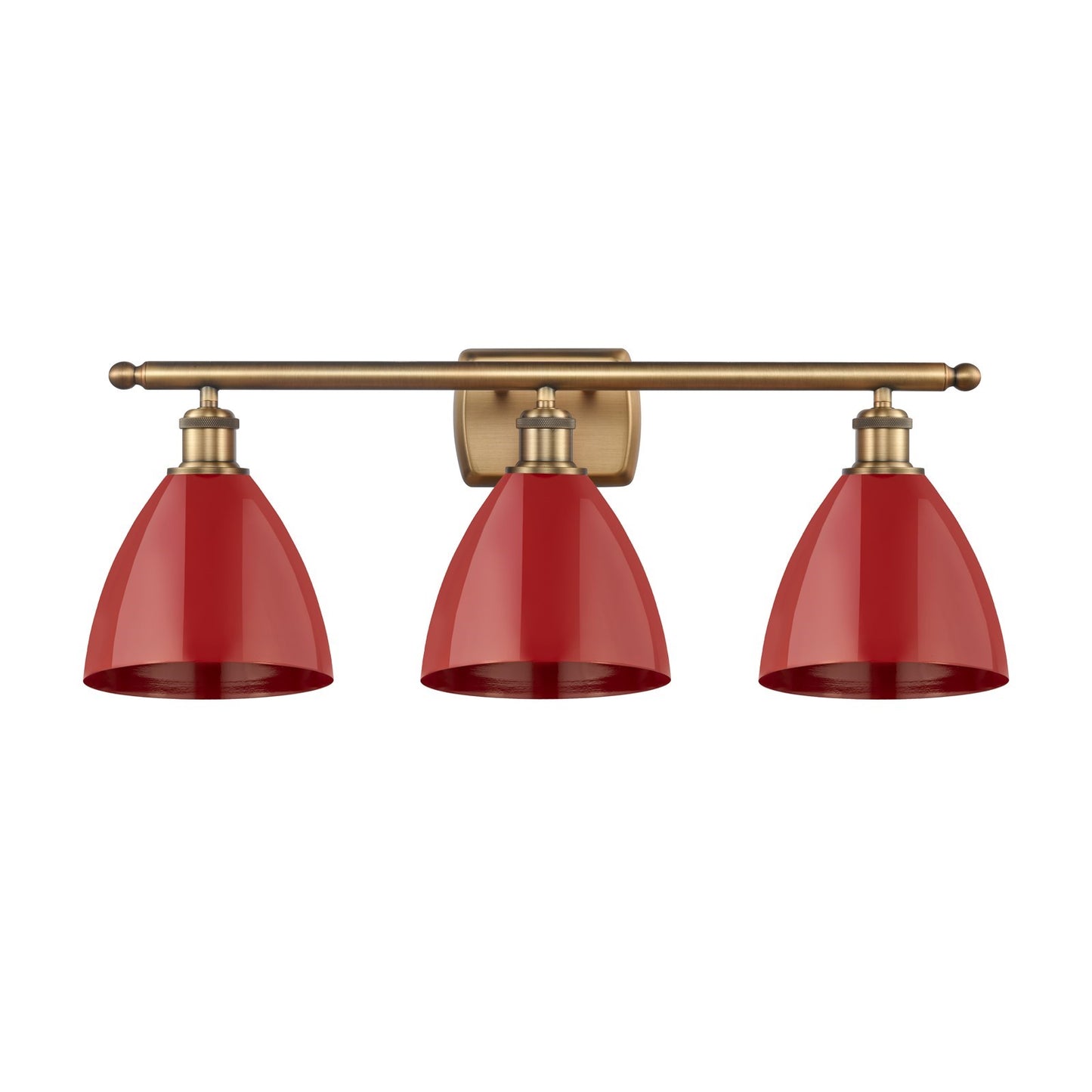 Innovations Plymouth 28in 3-Light Bath Vanity Light | Industrial Farmhouse Brushed Brass and Matte Red Metal Shade | Model 516-3W-BB-MBD-75-RD-LED