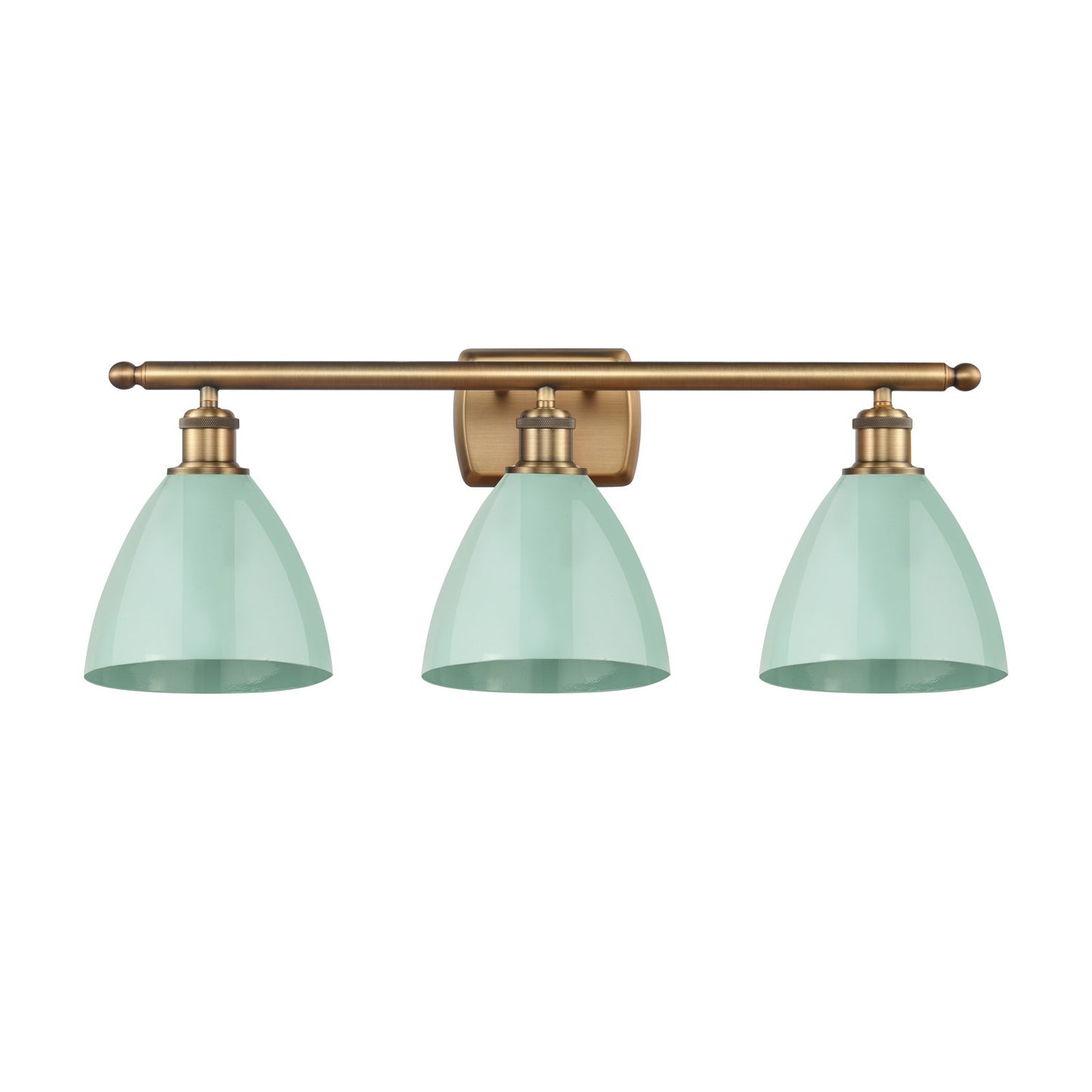 Innovations Plymouth 28in 3-Light Bath Vanity | Industrial Farmhouse Brushed Brass and Matte Seafoam Metal Shade | Model 516-3W-BB-MBD-75-SF-LED