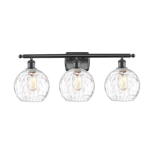 Innovations Athens Water Glass 28in 3-Light Bath Vanity | Industrial Modern Matte Black Steel and Clear Glass | Bathroom | Model 516-3W-BK-G1215-8-LED