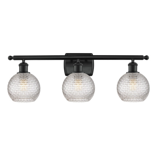 Innovations Athens 26in 3-Light Bath Vanity Light | Modern Farmhouse Matte Black Steel and Clear Basket Weave Glass | Bathroom | Model 516-3W-BK-G122C-6CL