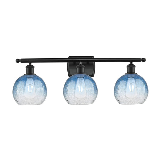 Innovations Brookhaven Globe 28in 3-Light Bath Vanity | Industrial Matte Black Steel and Sapphire Blue Glass | Bathroom Vanity | Model 516-3W-BK-G483-8SB