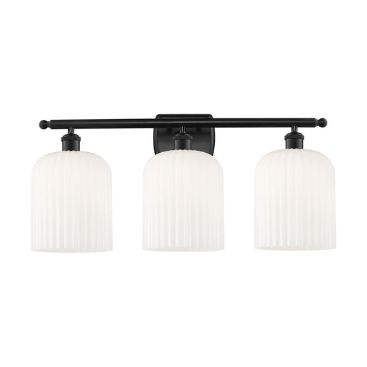 Innovations Bridal Veil 25in 3-Light Bath Vanity Light | Industrial Matte Black Steel and Gloss White Ribbed Glass | Bathroom | Model 516-3W-BK-G559-8GWH