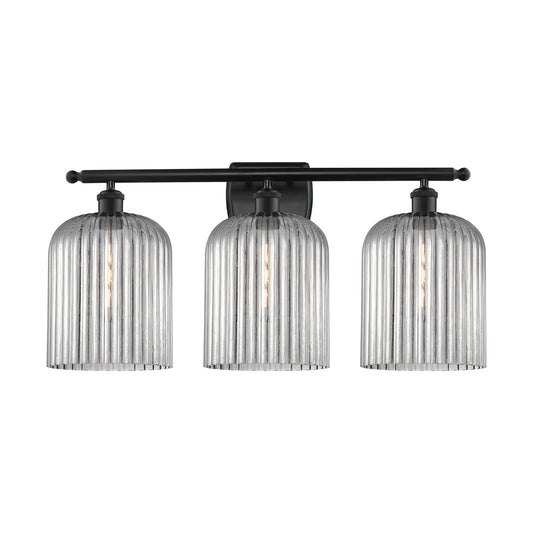 Innovations Bridal Veil 25in 3-Light Bath Vanity Light | Art Nouveau Matte Black Steel and Light Smoke Ribbed Glass | Bathroom | Model 516-3W-BK-G559-8SM