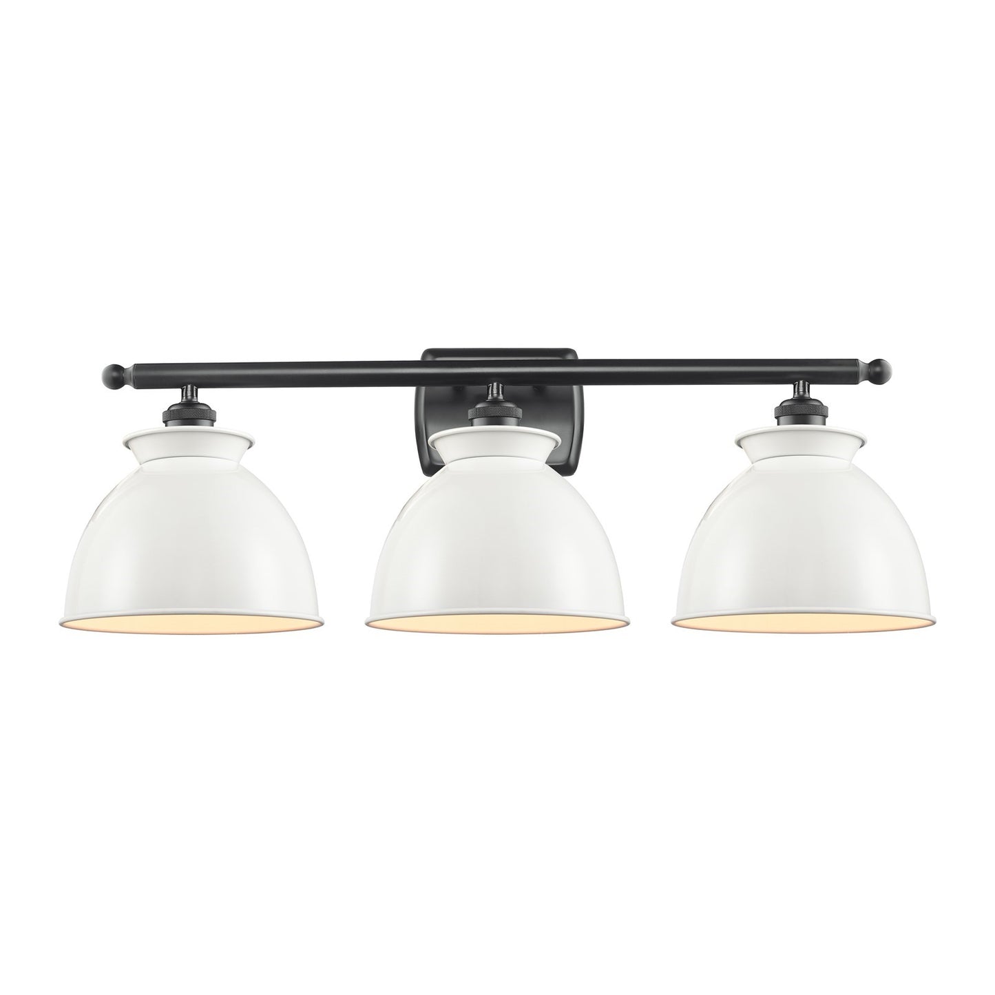Innovations Adirondack 28in 3-Light Bath Vanity Light | Industrial Farmhouse Matte Black Steel and Glossy White Metal Shade | Model 516-3W-BK-M14-W